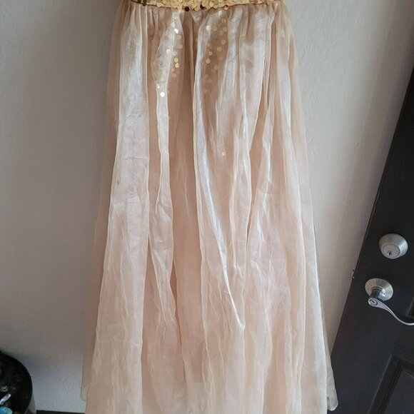 Gold Sequin Strapless Sweetheart Neckline Evening Gown With Sheer Flowing Skirt - Picture 3 of 5
